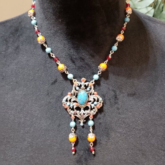 Womens Multicolor Multiple Beaded Turquoise Coral Pendant Necklace with Lobster - Picture 1 of 6
